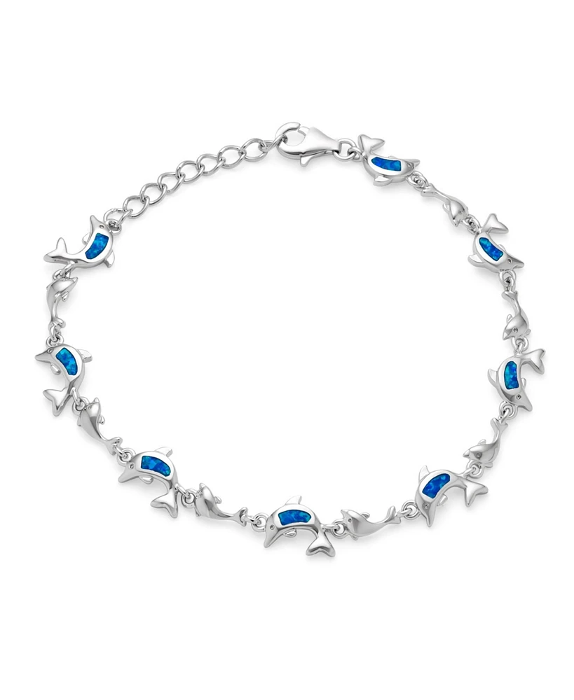 Bling Jewelry Nautical Tropical Synthetic Blue Opal Inlay Multi-Charm Dolphins Bracelet Anklet Link Sterling Silver Adjustable 7.5-9 Inch