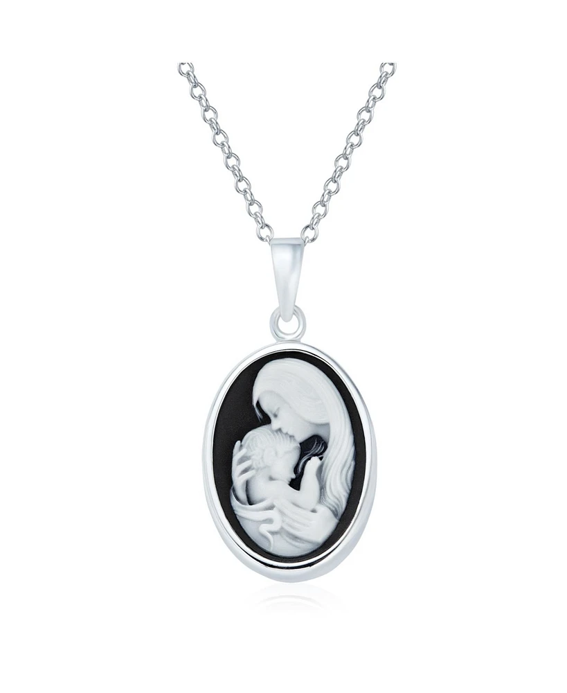 Bling Jewelry Classic Black White Carved Oval Simple Framed Victorian Lady Portrait Mother and Child Cameo Pendant Necklace For Women Wife Sterling Si