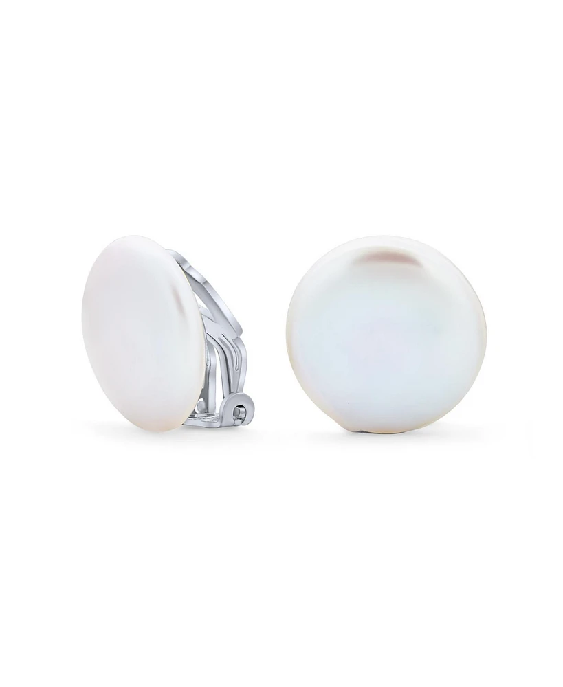 Bling Jewelry Bridal White Biwa Coin Freshwater Cultured Pearl Clip On Earrings For Women Non Pierced Ear Sterling Silver