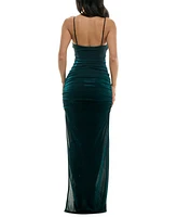 Emerald Sundae Juniors' Cowlneck Ruched Metallic-Knit Gown