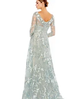 Women's Floral Embroidered Illusion Long Sleeve Gown