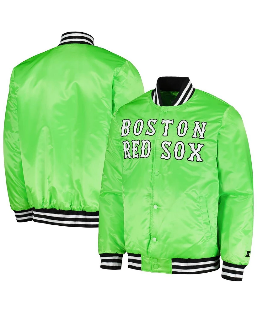 Men's Starter Neon Green Boston Red Sox Cross Bronx Fashion Satin Full-Snap Varsity Jacket