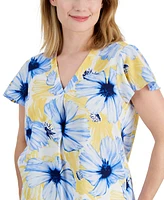 Ak Anne Klein Petite Floral Print Pleat-Front Flutter-Sleeve Top