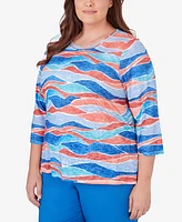 Alfred Dunner Plus Neptune Beach Crew Neck Wave Top