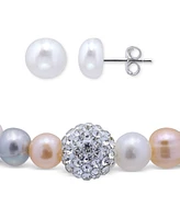 2-Pc. Set Multicolor Cultured Freshwater Pearl (7mm) & Crystal Bracelet Complementing White Stud Earrings Sterlin