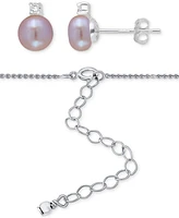 2-Piece Set Dyed Black Pearl (6mm) & White Topaz Accent Pendant Necklace Matching Stud Earrings Sterling Silver (Also Pink Cultur