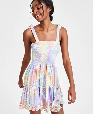 Miken Juniors' Smoked Printed Ruffle-Trim Sleeveless Dress Swim Cover-Up, Created for Macy's