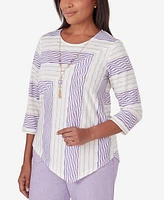 Alfred Dunner Petite Garden Party Spliced Stripe Texture Necklace Top