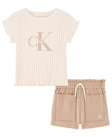 Calvin Klein Toddler Girls Ribbed Logo T-shirt and Crepe French Terry Shorts, 2 Piece Set