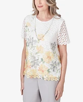 Alfred Dunner Petite Charleston Short Sleeve Floral Lace Necklace Top