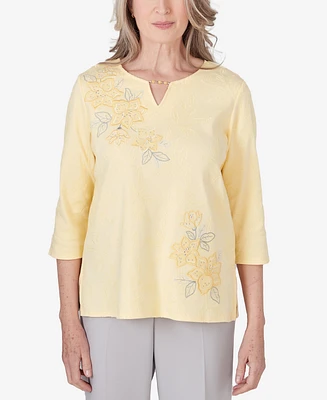 Alfred Dunner Petite Charleston Keyhole Neck Floral Embroidered Top