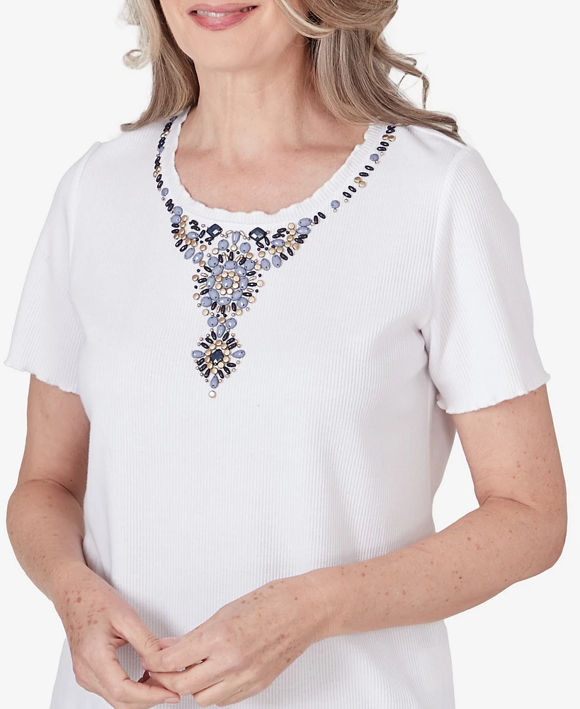 Alfred Dunner Petite Blue Bayou Women's Ribbed Beaded Yoke Top