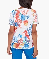 Alfred Dunner Petite Neptune Beach Seahorse Textured Short Sleeve Top