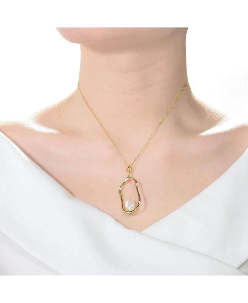 Elegant Sterling Silver with 14K Gold Plating and Genuine Freshwater Pearl Halo Necklace