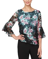 Alex Evenings Floral-Print Asymmetrical-Hem Bell-Sleeve Tiered Top