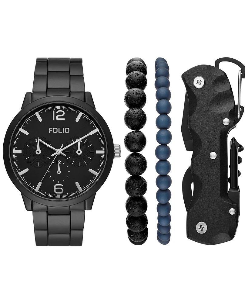 Folio Men's Three Hand Black Alloy Watch 46mm Gift Set