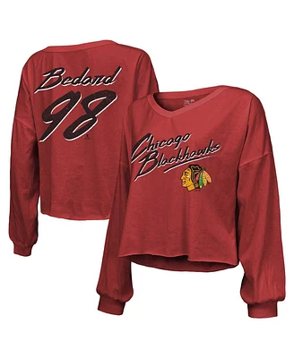 Women's Majestic Threads Connor Bedard Red Distressed Chicago Blackhawks Off-Shoulder Name and Number Long Sleeve Cropped V-Neck T-shirt