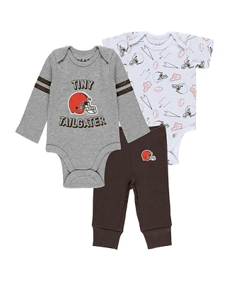 Baby Boys and Girls Wear by Erin Andrews Gray, Brown, White Cleveland Browns Three-Piece Turn Me Around Bodysuits and Pant Set