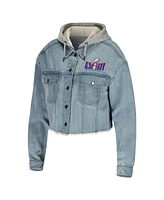 Women's Wear by Erin Andrews Denim Super Bowl Lviii Cropped Hoodie Full-Snap Jacket