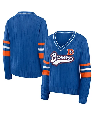 Women's Wear by Erin Andrews Royal Distressed Denver Broncos Throwback V-Neck Sweater
