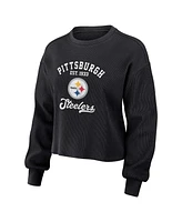 Women's Wear by Erin Andrews Black Distressed Pittsburgh Steelers Waffle Knit Long Sleeve T-shirt and Shorts Lounge Set