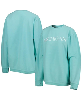Women's Pressbox Mint Distressed Michigan Wolverines Comfy Cord Bar Print Pullover Sweatshirt