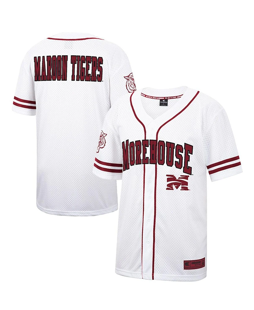 Men's Colosseum White Morehouse Maroon Tigers Free Spirited Mesh Button-Up Baseball Jersey