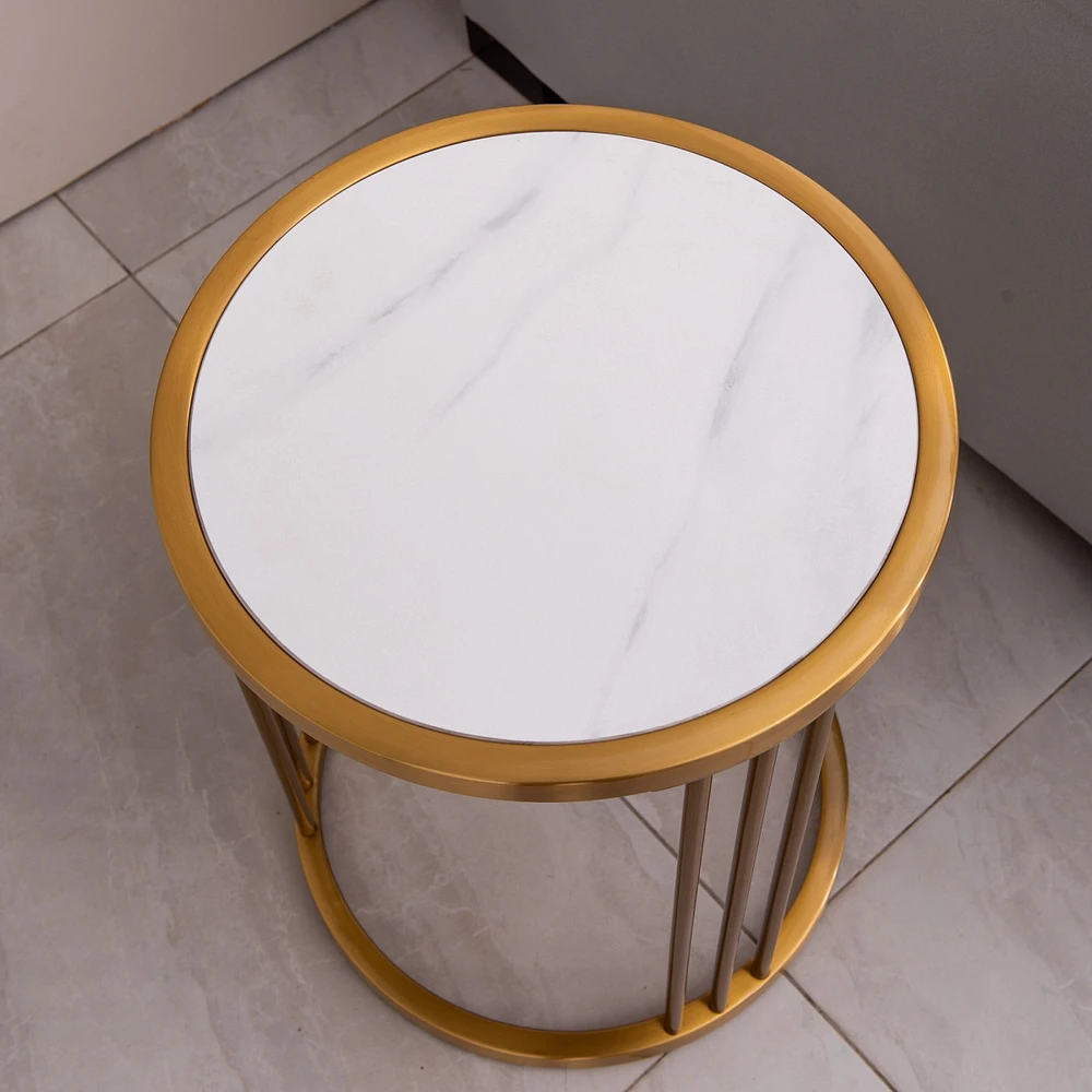 Simplie Fun Slate/Sintered Stone Round Side/End Table With Golden Stainless Steel Frame