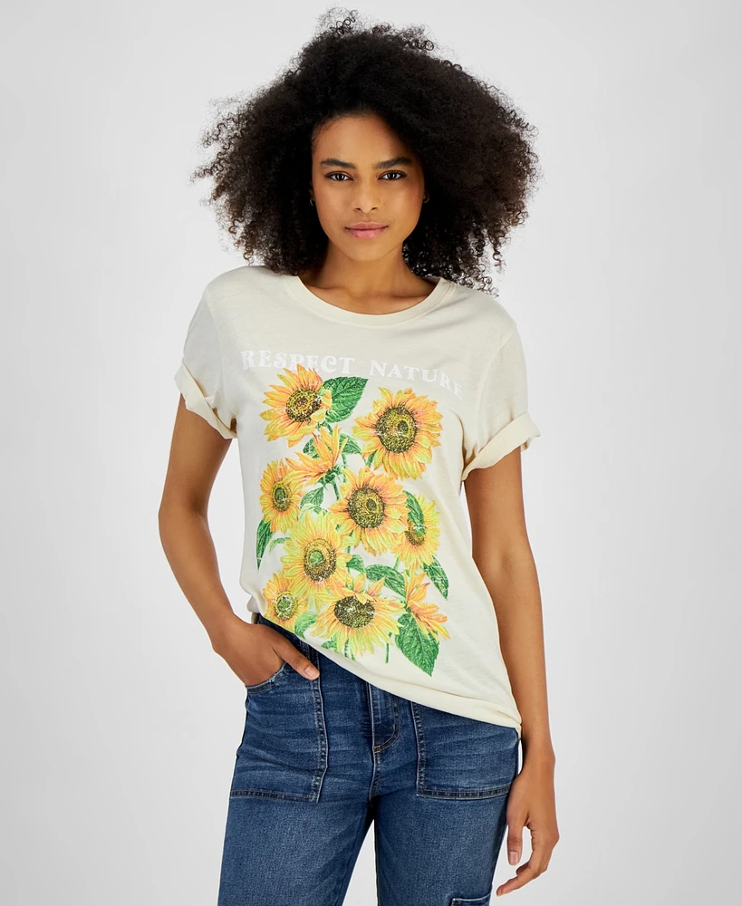 Rebellious One Juniors' Sunflower Graphic Crewneck T-Shirt