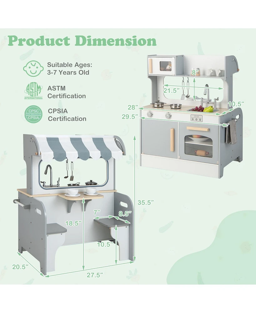 Sugift Double Sided Kids Pretend Kitchen Playset with 2-Seat Cafe