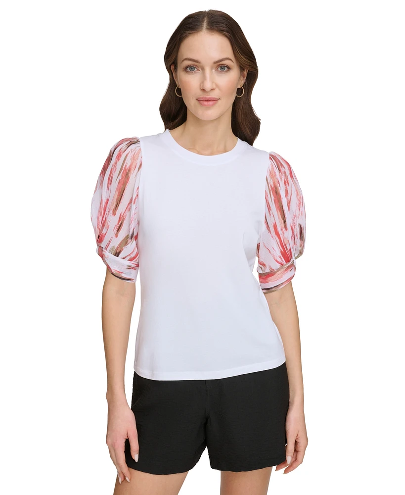 Dkny Women's Printed-Chiffon-Sleeve Crewneck Knit Top