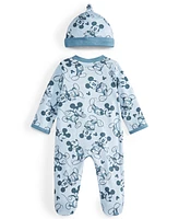 Disney Baby Mickey Mouse Hooray Footed Coverall & Hat, 2 Piece Set