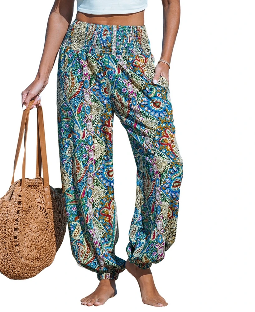 Women's Paisley Smocked Waist Tapered Leg Pants