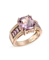 Bling Jewelry 5.45CT Square Cushion Cut Pink Natural Amethyst Ring For Women Rhodolite Garnet Baguette Rose Gold Plated Sterling Silver