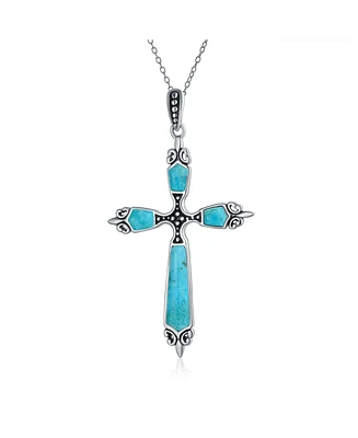 Western Style Spiritual Religious Blue Turquoise Gemstone Fleur De Lis Cross Pendant Necklace For Women Oxidized .925 Sterling Silver