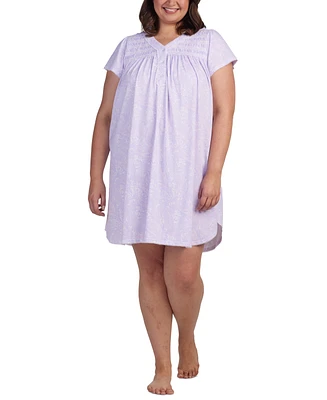 Miss Elaine Plus Short-Sleeve Embroidered Paisley Nightgown