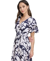 Dkny Petite Flutter-Sleeve Drapey-Crepe Fit & Flare Midi Dress