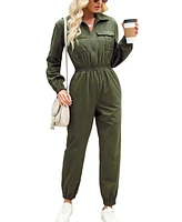 Women's Olive Collared Long Sleeve Jumpsuit