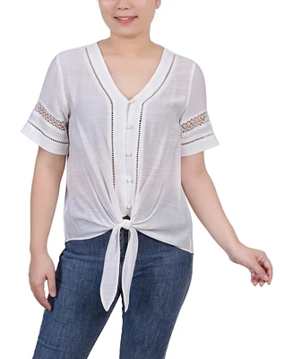 Ny Collection Women's Short Sleeve Crochet Trim Blouse