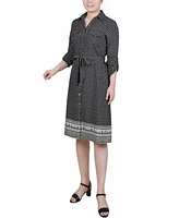 Ny Collection Women's 3/4 Roll Tab Sleeve Belted Shirtdress