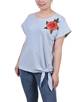 Ny Collection Women's Short Sleeve Embroidered Tie Front Top