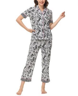 C. Wonder Women's Printed Short Sleeve Notch Collar with Pants 2 Pc. Pajama Set