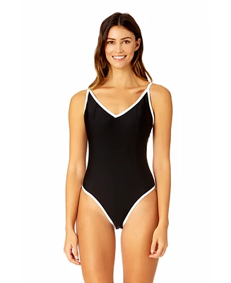 Women's Solid Piped Contour One Piece Swimsuit