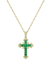 Lab-Grown Blue Sapphire (3/4 ct. t.w.) & White (1/10 Ornate Cross 18" Pendant Necklace 14k Gold-Plated Sterling Silver