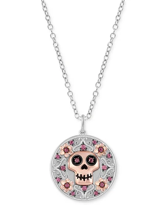 Wonder Fine Jewelry Rhodolite Coco-Inspired Skull & Flower Disc 18" Pendant Necklace (1/4 ct. t.w.) in Sterling Silver & Rose Gold-Plate