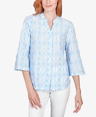 Ruby Rd. Petite Trellis Embroidered Cotton Button Front Top