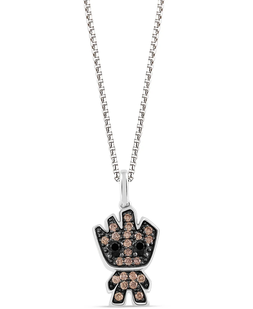 Marvel Wonder Fine Jewelry Onyx & Champagne Diamond (1/5 ct. t.w.) Groot 18" Pendant Necklace in Sterling Silver