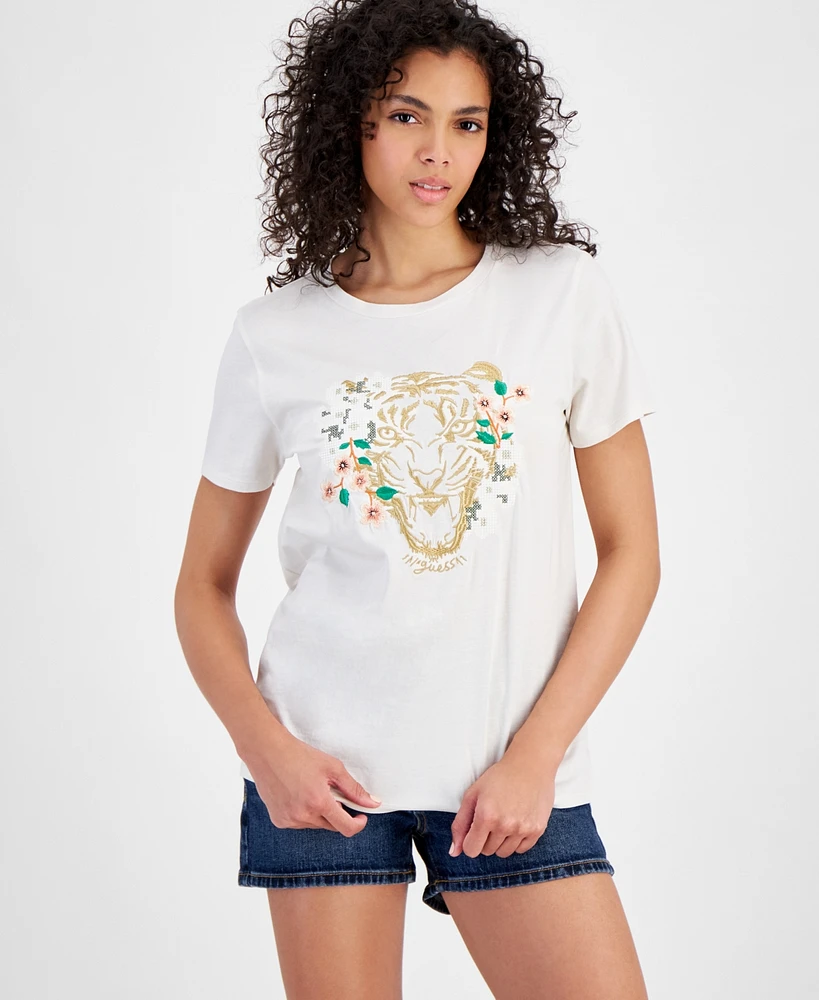 Guess Women's Embroidered Tiger Daisy Short-Sleeve T-Shirt