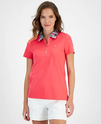 Nautica Jeans Women's Contrast-Collar Polo Short-Sleeve Top