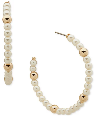 Dkny Gold-Tone Medium Bead & Imitation Pearl C-Hoop Earrings, 1.57"